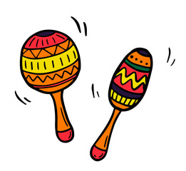 Maracas. Coloring page, Coloring book. Contour. Percussion musical instrument: beanbag, rumba shaker. Cartoon style, vector. Decorative maracas, musical instrument. Vector illustration isolated.