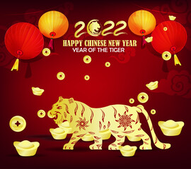 Chinese new year 2022 year of the tiger red and gold flower.