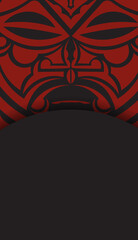 Ready-to-print postcard design in black with the mask of the gods. An invitation template with a place for your text and a face in polizenian style patterns.