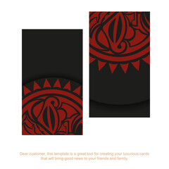 Template for print design postcards in black color with a mask of the gods. Vector Prepare your invitation with a place for your text and your face in polizenian style patterns.