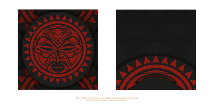 Vector Template for print design postcards in black color with mask of the gods. Preparing an invitation with a place for your text and a face in polizenian style patterns.