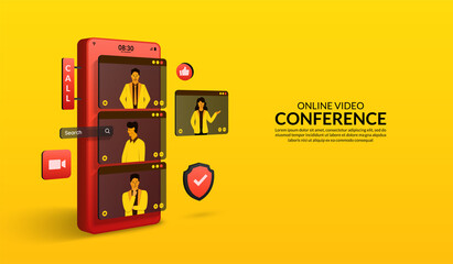 People use Video conference online by smartphone, Group meeting and talking work form home concept