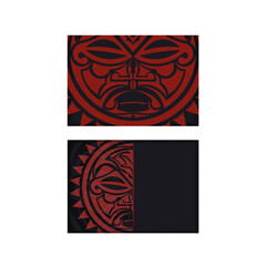 Vector Prepare your invitation with a place for your text and a face in a polizenian style ornament. Ready-to-print postcard design in black with the mask of the gods.