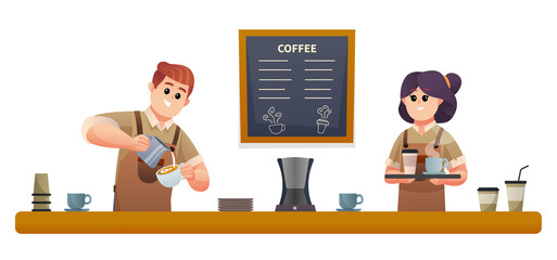 Cute male barista making coffee and the female barista carrying coffee with tray illustration