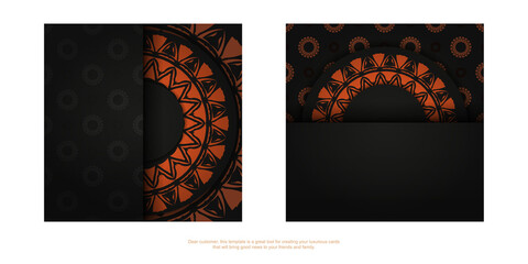 Luxurious Template for print design postcards in black with orange ornaments. Preparing an invitation with a place for your text and abstract patterns.