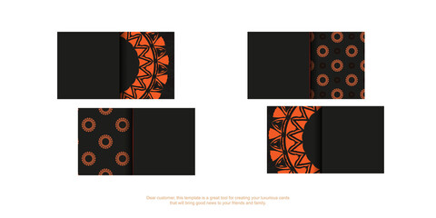 Print-ready black business card design with orange patterns. Vector Business card template with place for your text and vintage ornament.