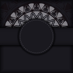 Black banner template with Greek ornaments and place for your logo and text. Template for postcard print design with abstract patterns.