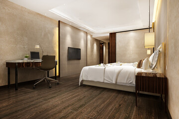 Fototapeta premium 3d rendering beautiful luxury bedroom suite in hotel with tv and working table