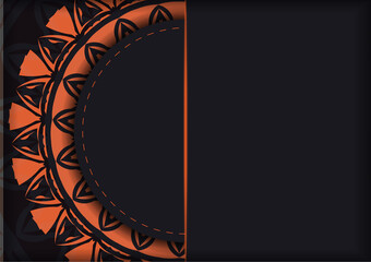 Vector Preparation of invitation card with place for your text and abstract ornament. Luxurious Ready-to-print postcard design in black with orange patterns.