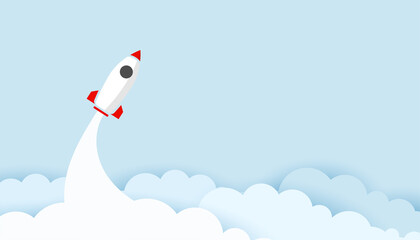 flyer space rocket over the clouds in paper cut style © starlineart