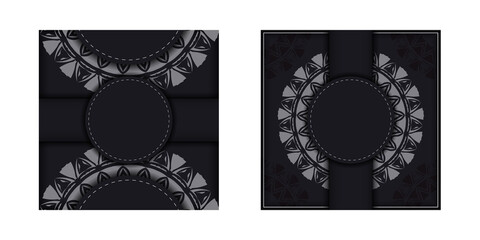 Black banner template with Greek ornaments and place for your logo and text. Template for postcard print design with abstract patterns.