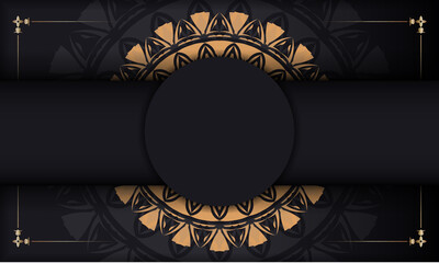 Luxurious Template for print design postcards in black color with orange patterns. Vector preparation of invitation card with place for your text and vintage ornament.