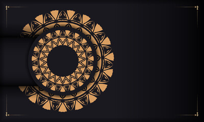 Luxurious Template for print design postcards in black color with orange patterns. Vector preparation of invitation card with place for your text and vintage ornament.