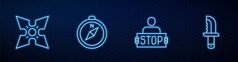 Set line Stop war, Japanese ninja shuriken, Compass and Military knife. Glowing neon icon on brick wall. Vector