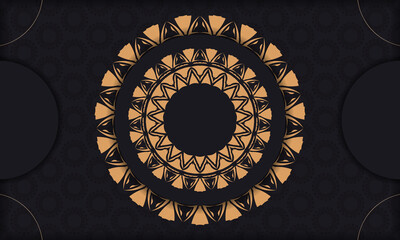 Luxurious Vector Ready-to-Print Black Color Postcard Design with Orange Patterns. Invitation card template with place for your text and vintage ornaments.