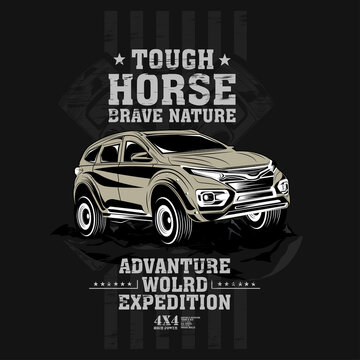 tough horse drave nature, four wheel drive offroad car illustration