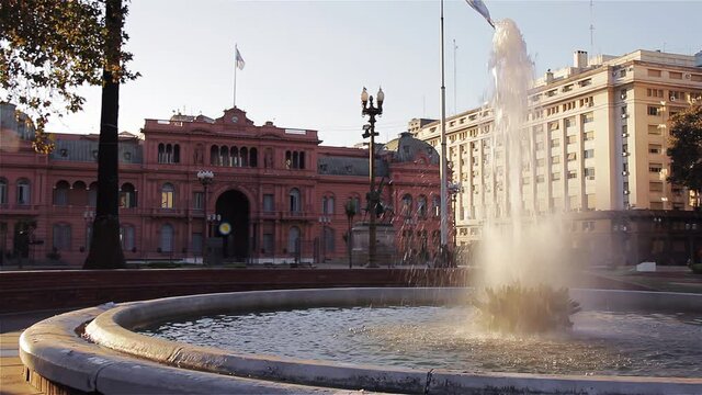 Water Fountain near Casa Rosada, Plaza de Mayo, Buenos Aires, Argentina - 4K