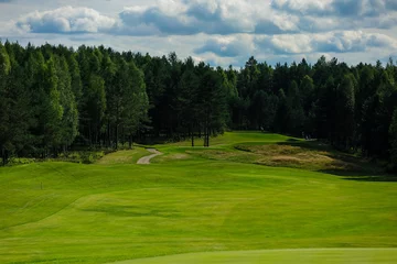Fotobehang Golf course, landscape, green grass on the background of the forest and a bright sky with clouds. High quality photo © areporter