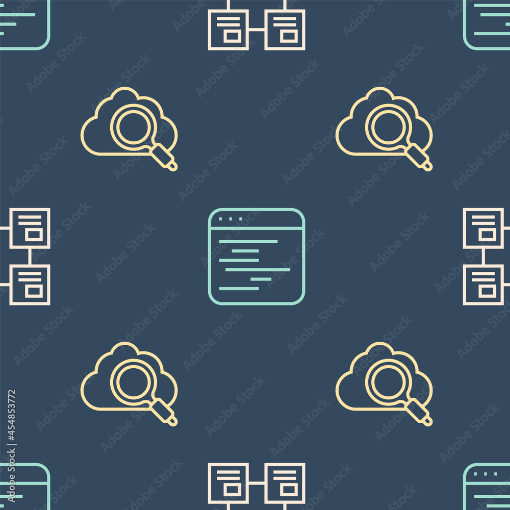 Poster set line hierarchy organogram chart, search cloud computing and software on seamless pattern. vector