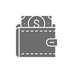 Wallet with dollars, save money, invest grey icon.