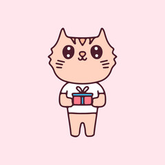Kawaii cat cartoon holding little gift box. Perfect for Nursery kids, greeting card, baby shower girl, fabric design.