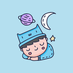 Cute kid with cat hat sleep on the cloud. illustration for t shirt, poster, logo, sticker, or apparel merchandise.