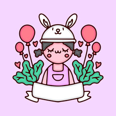 Kawaii little girl in bunny hat cartoon vector with balloons. Perfect for Nursery kids, greeting card, baby shower girl, fabric design.