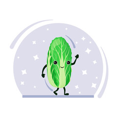 Funny Peking cabbage on the background of stars. A cute vegetable in a cartoon style.
