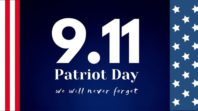 9 11 we will never forget text animation with the USA flag over dark blue background 4k footage