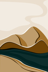 Abstract nature, sea, sky, sun, river, rock mountain landscape poster. Geometric landscape background in scandinavian boho style. Vector illustration minimalist flat style