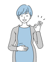 お腹に手をあてて笑顔でOKのポーズをする妊婦のイラスト