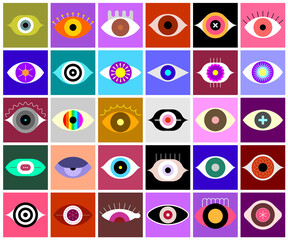 Eyes vector icon set. Large bundle of colored eye shapes, decorative symbols, design elements.