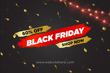 Black friday red and gold sale banner background with lights