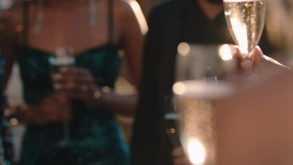 group of friends celebrating glamorous party event drinking champagne wearing stylish fashion chatting at formal social gathering enjoying rooftop celebration 4k