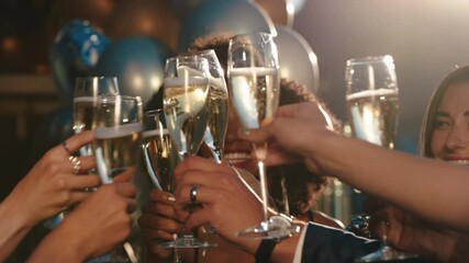 happy group of friends celebrating making toast to glamorous party event drinking champagne wearing stylish fashion at formal social gathering enjoying rooftop dance celebration at sunset 4k - Powered by Adobe