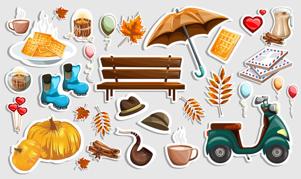 Vector image of stickers with elements symbolizing the fall and food related to the fall season. Cartoon style. EPS 10