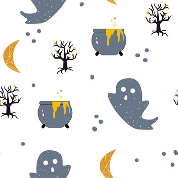 Seamless pattern with moon, pot, tree and ghost in cartoon style, autumn texture for halloween, vector Illustration