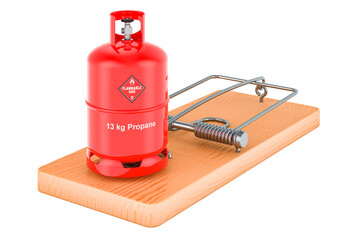 Propane gas cylinder inside mousetrap, 3D rendering