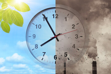 Time clock overlay pollution Earth with Clean Earth for Greenhouse effect and Global warming crisis countdown and Awareness times concept.
