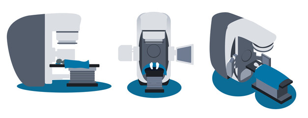 A LINAC (medical linear accelerator) with a patient, receiving a radiotherapy treatment. Top, side and isometric view. Vector  flat  illustration, isolated on a white background. 