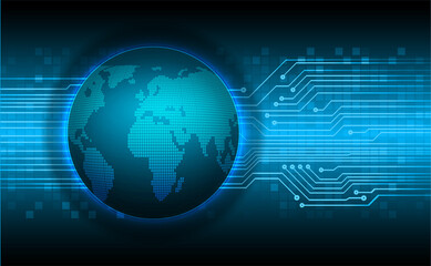 Fototapeta na wymiar world binary circuit board future technology, blue hud cyber security concept background 