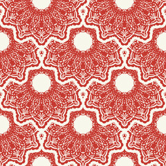 Christmas and New Year seamless pattern. Red and white fair isle pixel pattern in red and white with nordic snowflakes for winter hat, ugly sweater, jumper or other designs.