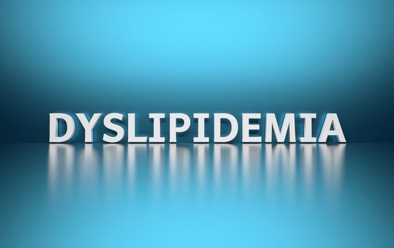 Medical scientific term Dyslipidemia written in white bold letters on blue background