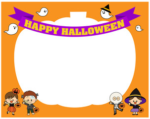 Fototapeta premium ハロウィン 子供とお化けのかわいいかぼちゃフレーム