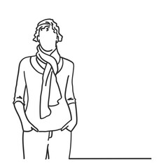 Young woman with scarf, hands in pockets.