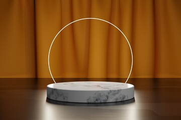 Neon circle and marble 3d podium for product presentation with orange textile curtain on a background. 3d modeling scene with empty platform mockup and simple geometric elements