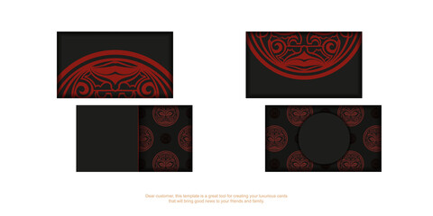 Template for print design business cards in black with red Maori mask patterns.