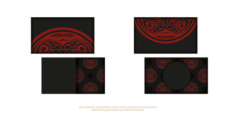 Fototapeta premium Template for print design business cards in black with red Maori mask patterns.