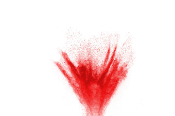 Red powder explosion on white background. Holi fastival.
