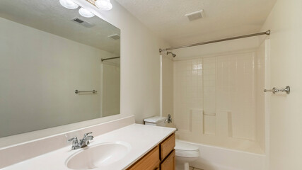 Fototapeta na wymiar Pano Bathroom interior with long vanity sink and bathtub with shower